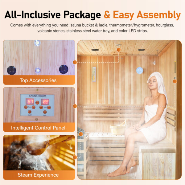 Traditional 2-4 Person Outdoor Sauna Room, Japanese Cedar Outdoor Home Sauna with 6KW Metal Stove, Colorful LED Ambient Lights & Full Sauna Accessories