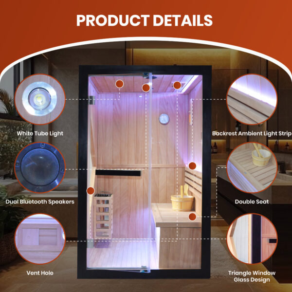 7 majusaccessory 3000W Traditional 2 Person Indoor Home Sauna, 120 x 120 x 190 cm Wooden Sauna Room with Metal Heater, African Okoume Wood, LED Color Lights & Sauna Accessories