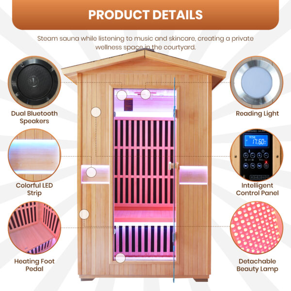 7 Outdoor Infrared Sauna for 2 Person, 2000W 120V Canadian Hemlock Sauna Room with 8 Epoxy Heating Panels, Red Light Beauty Lamp, Bluetooth Speakers & Colorful LED Lighting