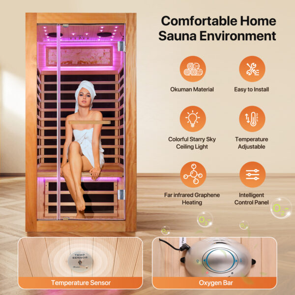 7 MAJUS 1-Person Infrared Sauna, 1350W 7 Graphene Heating Plates, Okoume Wood, 150°F Max Temp, 120V Plug & Play with Starry Sky Light & Bluetooth Speakers