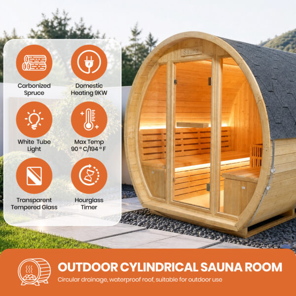 Traditional Outdoor Barrel Sauna for 2-4 Person, Carbonized Spruce Wood, 9KW Fast Heating Finnish Steam Sauna, Complete Accessories, Outdoor Sauna for Backyard, Patio & Poolside