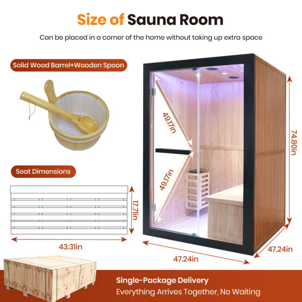 8 majusaccessory 3000W Traditional 2 Person Indoor Home Sauna, 120 x 120 x 190 cm Wooden Sauna Room with Metal Heater, African Okoume Wood, LED Color Lights & Sauna Accessories