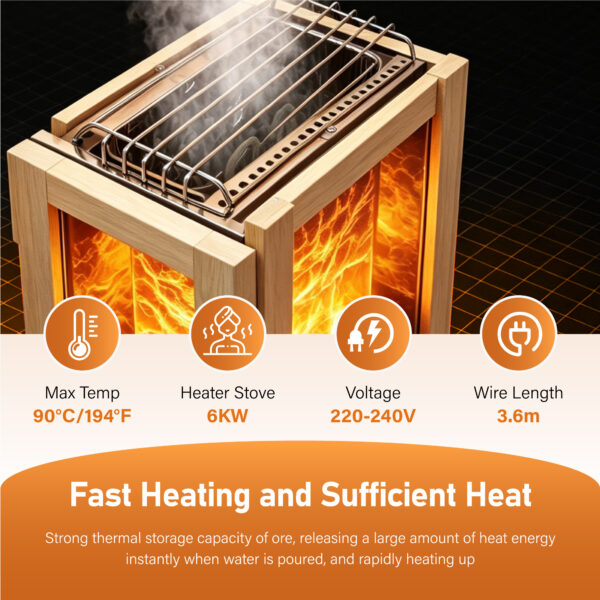 Traditional 2-4 Person Outdoor Sauna Room, Japanese Cedar Outdoor Home Sauna with 6KW Metal Stove, Colorful LED Ambient Lights & Full Sauna Accessories