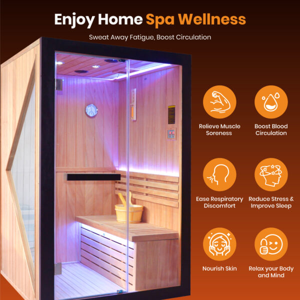 9 majusaccessory 3000W Traditional 2 Person Indoor Home Sauna, 120 x 120 x 190 cm Wooden Sauna Room with Metal Heater, African Okoume Wood, LED Color Lights & Sauna Accessories