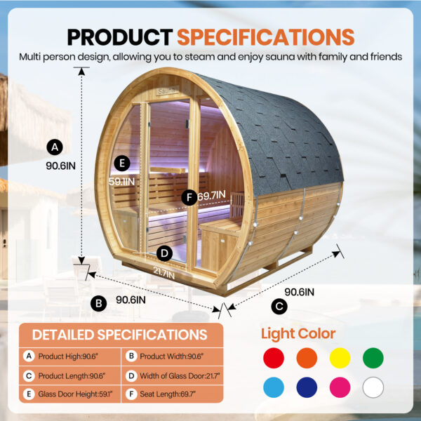 Traditional Outdoor Barrel Sauna for 2-4 Person, Carbonized Spruce Wood, 9KW Fast Heating Finnish Steam Sauna, Complete Accessories, Outdoor Sauna for Backyard, Patio & Poolside