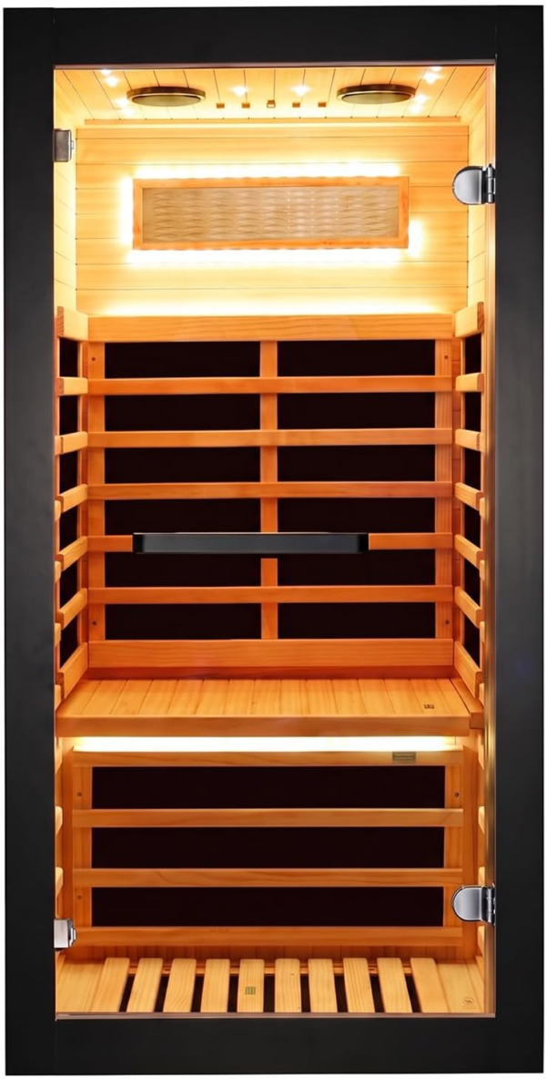 Infrared Sauna for 1 Person at Home use, 1200W Plug&Play Indoor Sauna, Canadian Hemlock Wood with Low EMF&Speakers, Full Spectrum Sauna Thermometer for Meditation Beauty&Relaxation