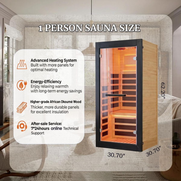 Infrared Sauna for 1 Person at Home use, 1200W Plug&Play Indoor Sauna, Canadian Hemlock Wood with Low EMF&Speakers, Full Spectrum Sauna Thermometer for Meditation Beauty&Relaxation