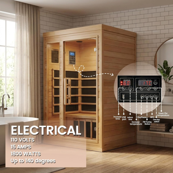 9cb6b659bb86150607f2287cb364529d majusaccessory 2 Person Infrared Sauna for Home, 1800W Indoor Sauna with Speakers, Canadian Centennial Hemlock Wooden Sauna for Meditation, Beauty, Relaxation, Home & Gym