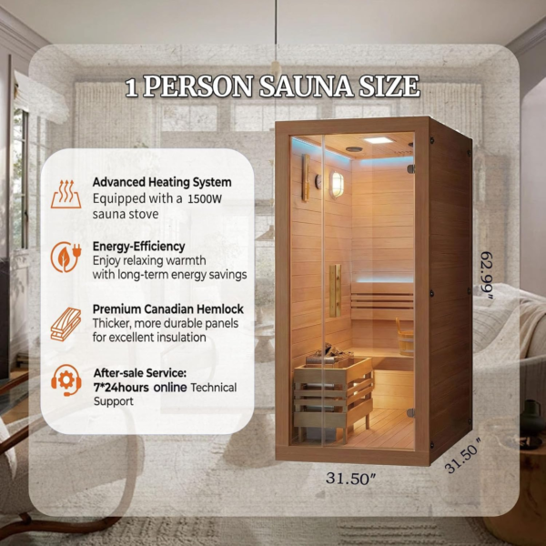 a360cf075ebb009599f25e6b035e5cea 1500W 1 Person At Home Sauna, Traditional Indoor Sauna Barrels Plug&Play, Canadian Centennial Hemlock Wood Sauna with Speakers for Meditation, Relaxation, Beauty&Family Health