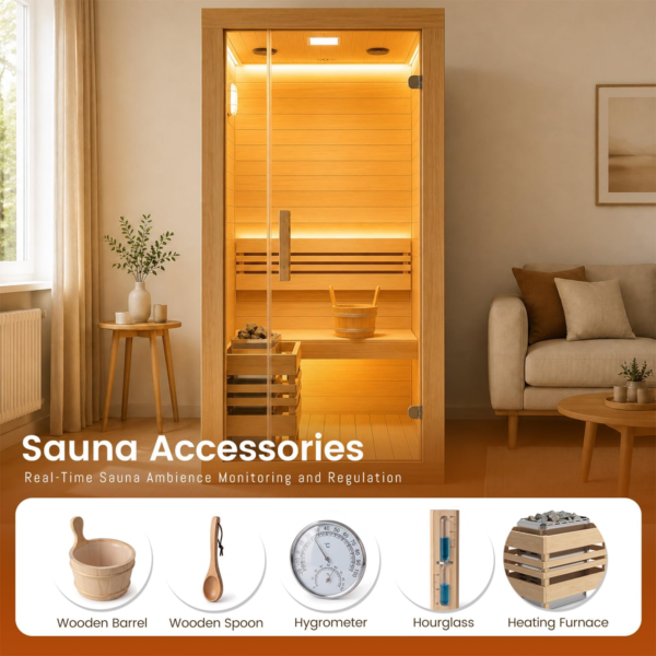 d8c338c807c5f0f65f1669f6ccb3bf34 1500W 1 Person At Home Sauna, Traditional Indoor Sauna Barrels Plug&Play, Canadian Centennial Hemlock Wood Sauna with Speakers for Meditation, Relaxation, Beauty&Family Health