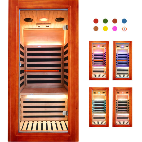 主图 (10) Infrared Sauna for 1 Person Home Use, 1020W 110V Indoor Sauna with 7 Epoxy Heating Panels, African Okoume Wood, Bluetooth Speaker, Colorful Therapy Lighting & Glass Door for Relaxation