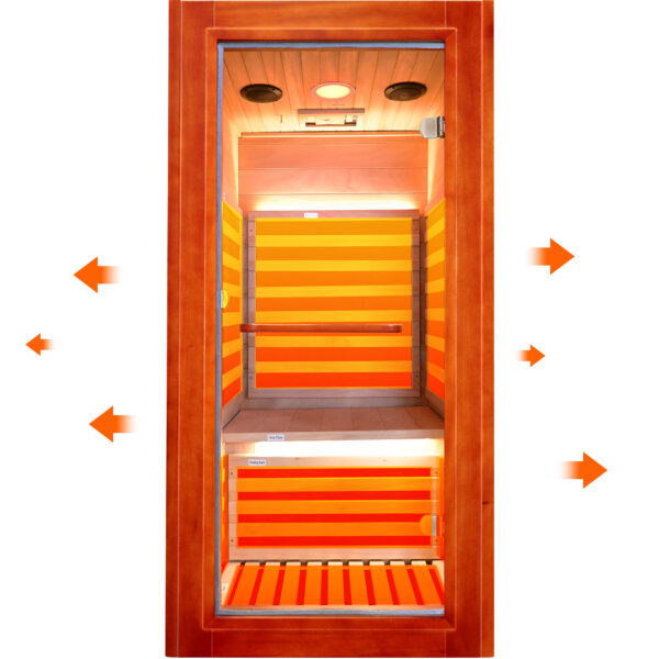 主图 (12) Infrared Sauna for 1 Person Home Use, 1020W 110V Indoor Sauna with 7 Epoxy Heating Panels, African Okoume Wood, Bluetooth Speaker, Colorful Therapy Lighting & Glass Door for Relaxation