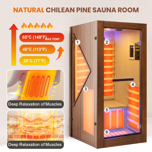 majusaccessory 1 Person Far Infrared Sauna for Home, 1090W 120V Indoor Sauna Room with 6 Heating Panels, Chilean Pine Wood, Digital Control, Color LED Lights and Tempered Glass Door