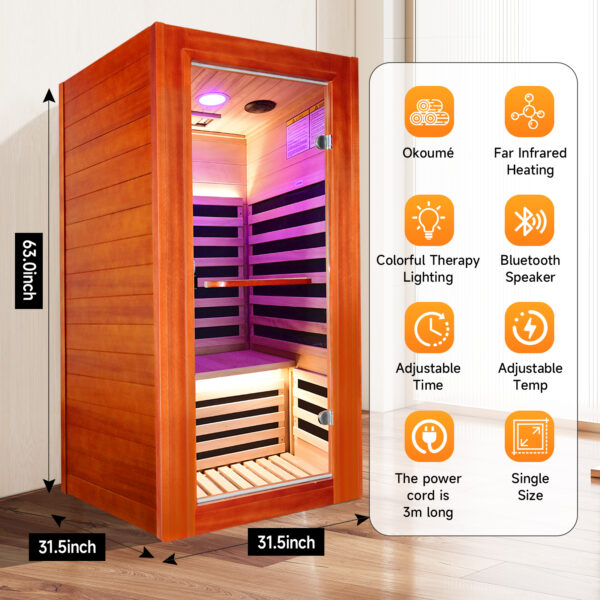主图 (3) Infrared Sauna for 1 Person Home Use, 1020W 110V Indoor Sauna with 7 Epoxy Heating Panels, African Okoume Wood, Bluetooth Speaker, Colorful Therapy Lighting & Glass Door for Relaxation