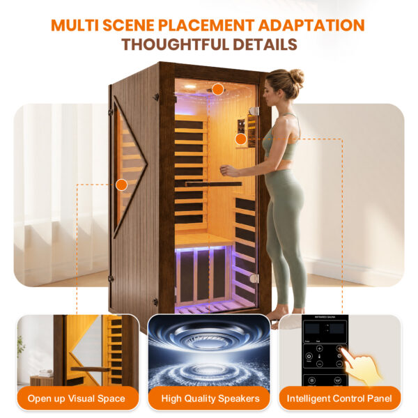majusaccessory 1 Person Far Infrared Sauna for Home, 1090W 120V Indoor Sauna Room with 6 Heating Panels, Chilean Pine Wood, Digital Control, Color LED Lights and Tempered Glass Door