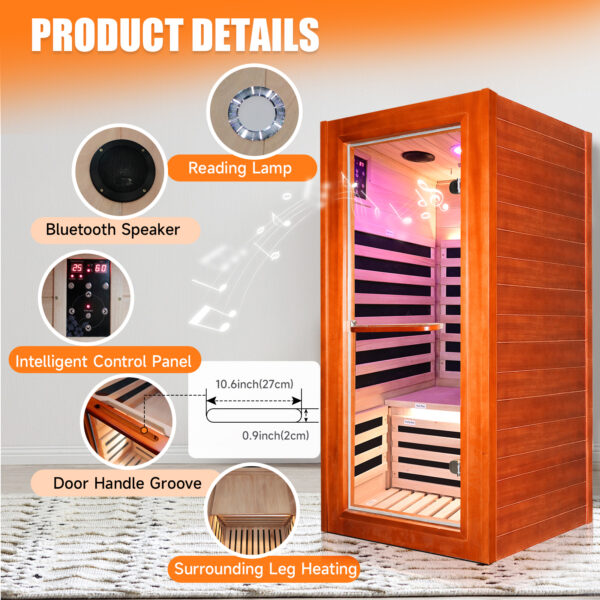 主图 (5) Infrared Sauna for 1 Person Home Use, 1020W 110V Indoor Sauna with 7 Epoxy Heating Panels, African Okoume Wood, Bluetooth Speaker, Colorful Therapy Lighting & Glass Door for Relaxation