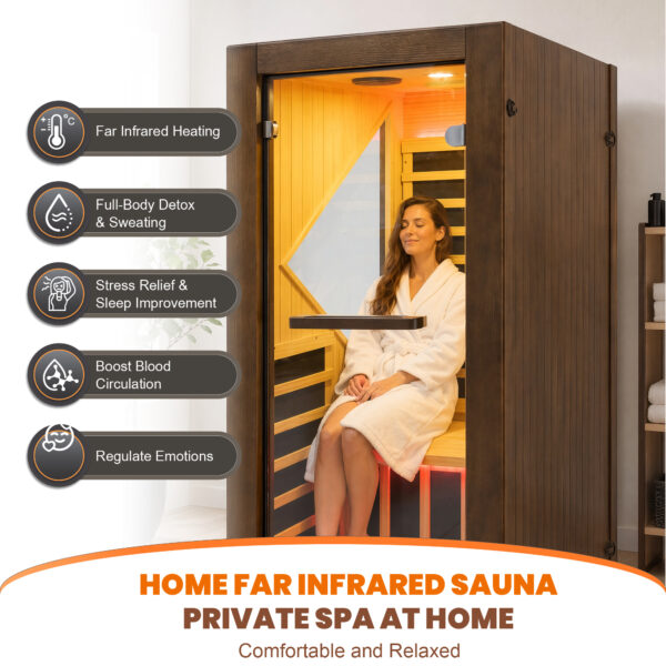 majusaccessory 1 Person Far Infrared Sauna for Home, 1090W 120V Indoor Sauna Room with 6 Heating Panels, Chilean Pine Wood, Digital Control, Color LED Lights and Tempered Glass Door