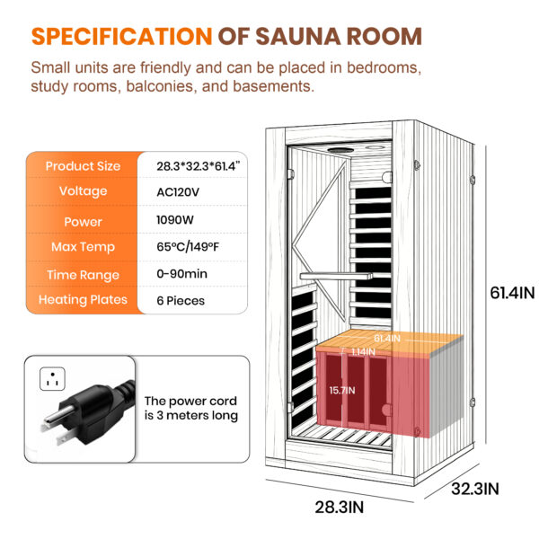 majusaccessory 1 Person Far Infrared Sauna for Home, 1090W 120V Indoor Sauna Room with 6 Heating Panels, Chilean Pine Wood, Digital Control, Color LED Lights and Tempered Glass Door