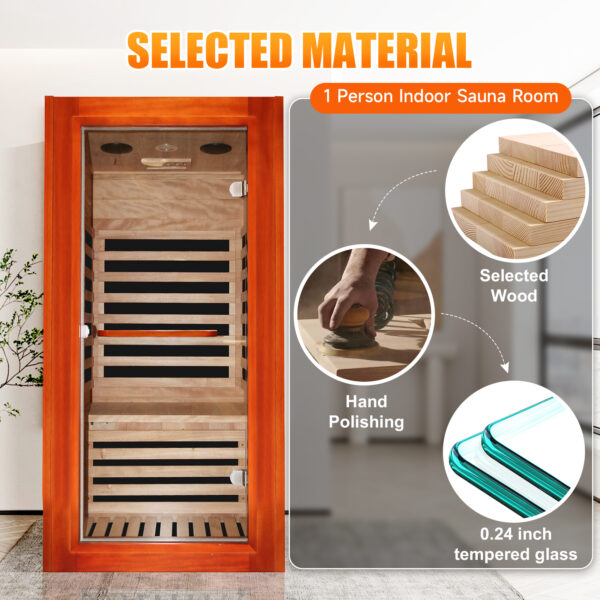 主图 (7) Infrared Sauna for 1 Person Home Use, 1020W 110V Indoor Sauna with 7 Epoxy Heating Panels, African Okoume Wood, Bluetooth Speaker, Colorful Therapy Lighting & Glass Door for Relaxation