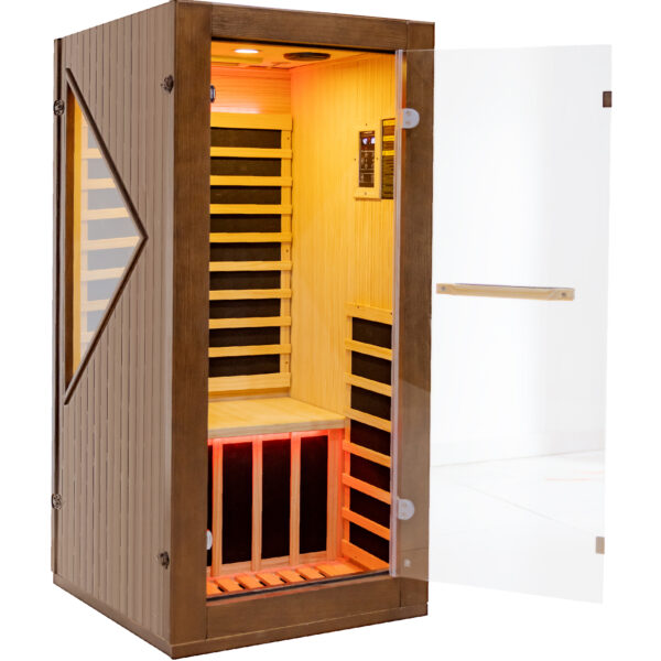 majusaccessory 1 Person Far Infrared Sauna for Home, 1090W 120V Indoor Sauna Room with 6 Heating Panels, Chilean Pine Wood, Digital Control, Color LED Lights and Tempered Glass Door
