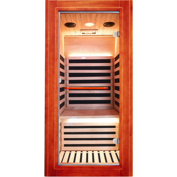 主图 (8) Infrared Sauna for 1 Person Home Use, 1020W 110V Indoor Sauna with 7 Epoxy Heating Panels, African Okoume Wood, Bluetooth Speaker, Colorful Therapy Lighting & Glass Door for Relaxation