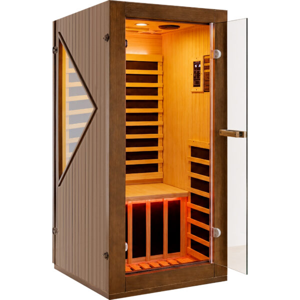 majusaccessory 1 Person Far Infrared Sauna for Home, 1090W 120V Indoor Sauna Room with 6 Heating Panels, Chilean Pine Wood, Digital Control, Color LED Lights and Tempered Glass Door