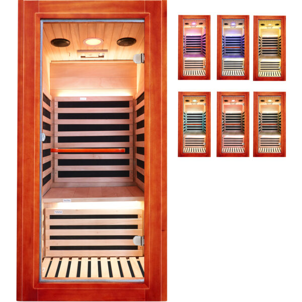 主图 (9) Infrared Sauna for 1 Person Home Use, 1020W 110V Indoor Sauna with 7 Epoxy Heating Panels, African Okoume Wood, Bluetooth Speaker, Colorful Therapy Lighting & Glass Door for Relaxation