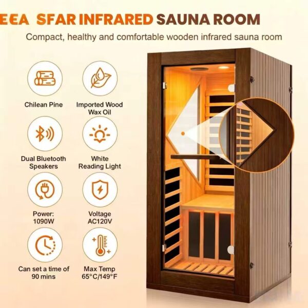 majusaccessory 1 Person Far Infrared Sauna for Home, 1090W 120V Indoor Sauna Room with 6 Heating Panels, Chilean Pine Wood, Digital Control, Color LED Lights and Tempered Glass Door