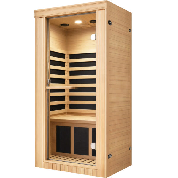 majusaccessory 1 Person Far Infrared Sauna for Home, 1020W 110V Indoor Sauna with 5 Heating Panels, Canadian Hemlock, Oxygen Bar, Bluetooth Speakers and Digital Control