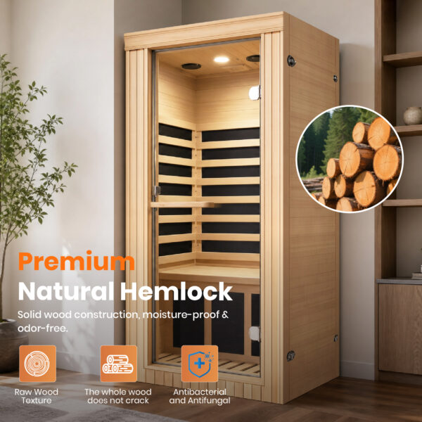 majusaccessory 1 Person Far Infrared Sauna for Home, 1020W 110V Indoor Sauna with 5 Heating Panels, Canadian Hemlock, Oxygen Bar, Bluetooth Speakers and Digital Control