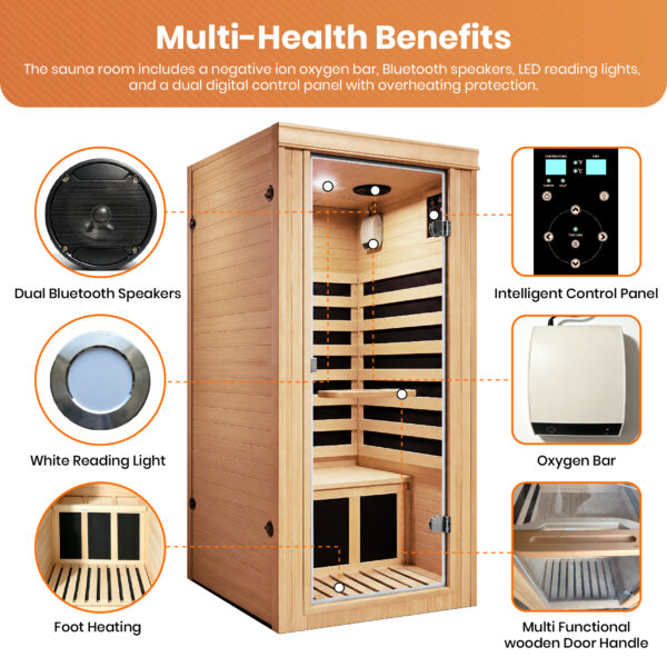 majusaccessory 1 Person Far Infrared Sauna for Home, 1020W 110V Indoor Sauna with 5 Heating Panels, Canadian Hemlock, Oxygen Bar, Bluetooth Speakers and Digital Control
