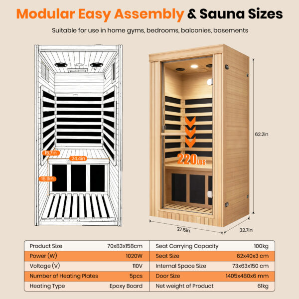 majusaccessory 1 Person Far Infrared Sauna for Home, 1020W 110V Indoor Sauna with 5 Heating Panels, Canadian Hemlock, Oxygen Bar, Bluetooth Speakers and Digital Control