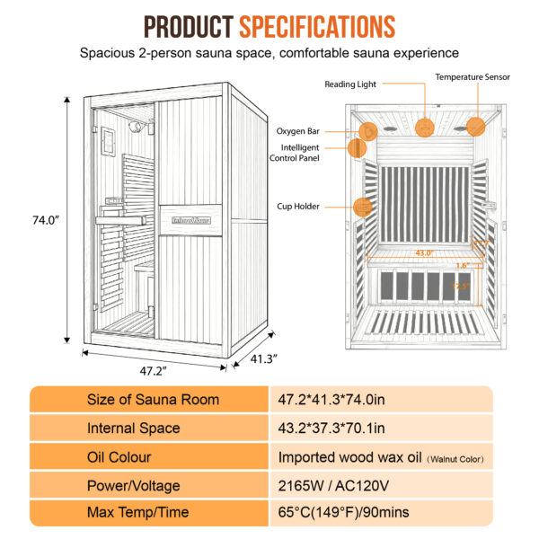 主图_画板 1 副本 8 2 Person Indoor Infrared Sauna for Home, 2165W 120V Chilean Pine Wooden Sauna Room with 8 Epoxy Heating Panels, Starry Sky Lights, Bluetooth Speaker & Oxygen Bar